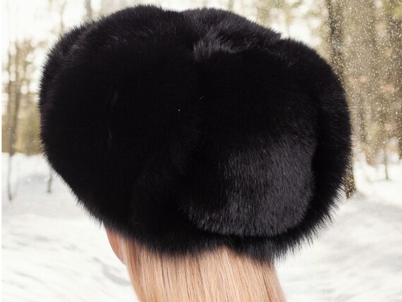 Black Fox Fur Ushanka Hat,oversized Full Fur Trapper Hat for