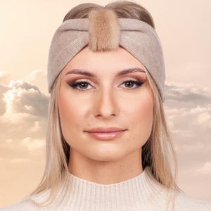 Beige Cashmere Headband,Mink Fur Headwrap For Winter,Soft Wool Turban Headband,Warm Women Winter Fall Fur Ear Warmer,Luxury Gift For Woman