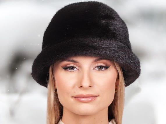 Luxury Vintage Black Genuine Mink Fur Bucket Cloche Hat Satin Lining Fur Cloche Black Hats for Women for sale | eBay main image 2