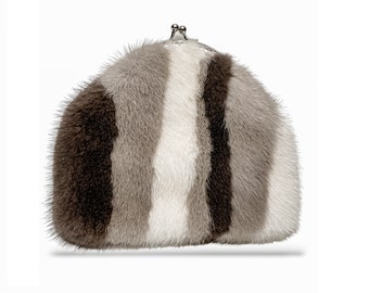 Striped Real Mink Fur Purse,Small Clutch Purse For Women,Mini Cosmetic Bag,Tiny Coin Purse Wallet,Fuzzy Pouch Bag,Fancy Gift