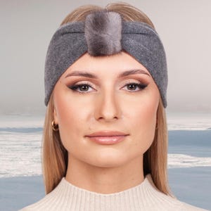 Grey Cashmere Headband With Mink Fur,Twisted Knit Fur Headwrap For Winter,Soft Merino Wool Turban Headband,Warm Women Winter Fall Ear Warmer