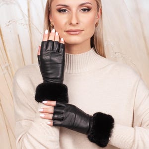 Womens Black Leather Gloves With Mink Fur,Nappa Leather Fingerless Gloves With Fur Cuffs,Soft Silk Lined Half Finger Driving Texting Gloves