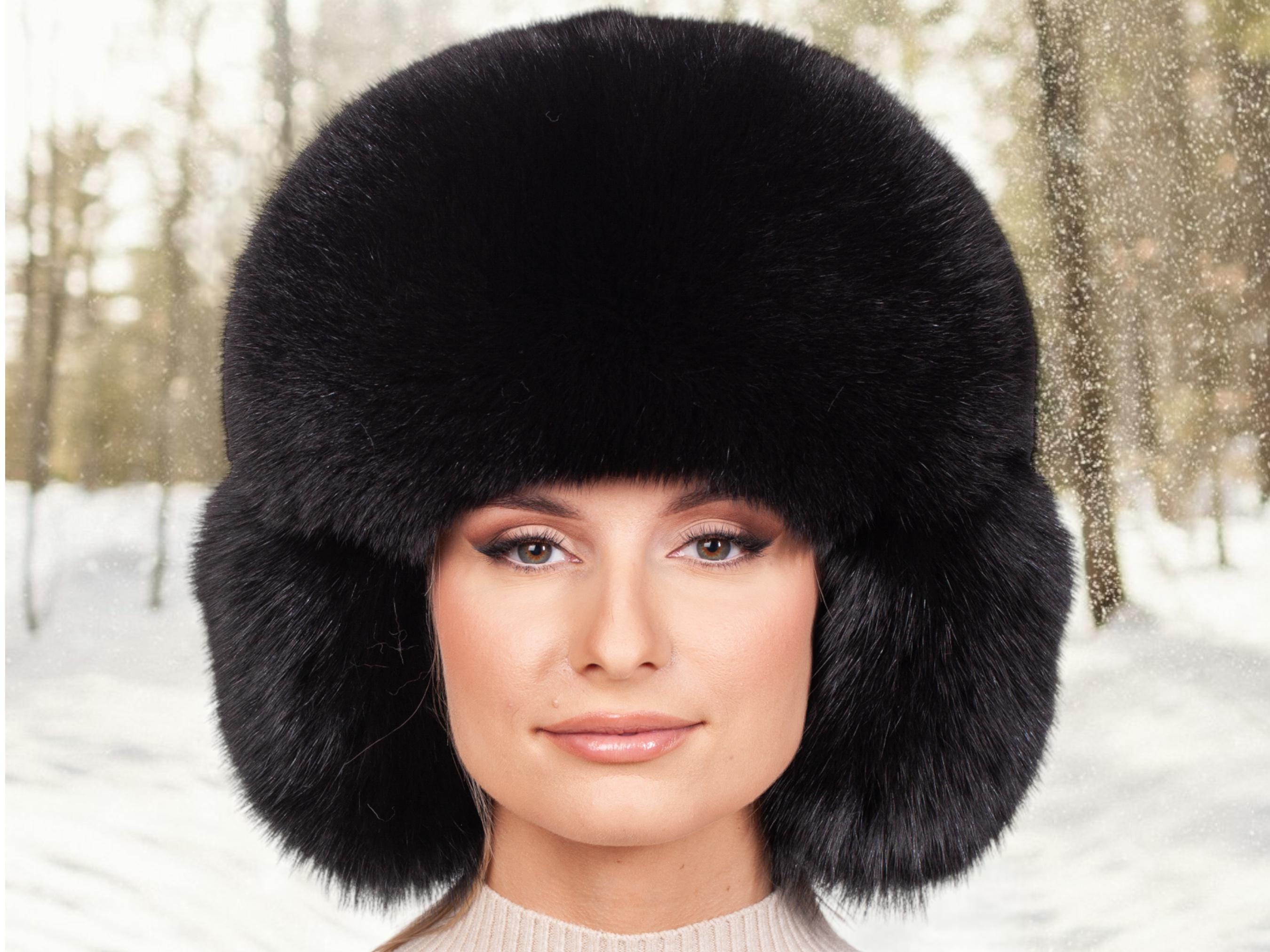 Black Fox Fur Ushanka Hat,oversized Full Fur Trapper Hat for 