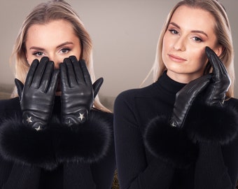 Gants en cuir véritable noir avec inserts à motifs étoiles, gants en fourrure de renard moelleux, gantelet doublé en cachemire de luxe