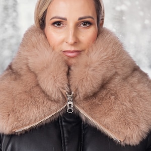 Beige Fox Fur Collar,Luxury Winter Snood with Two-Way Zip for Outdoors,Large Detachable Warm Fur Scarf, Fur Cowl,Fur Shoulder Wrap,Gift Idea
