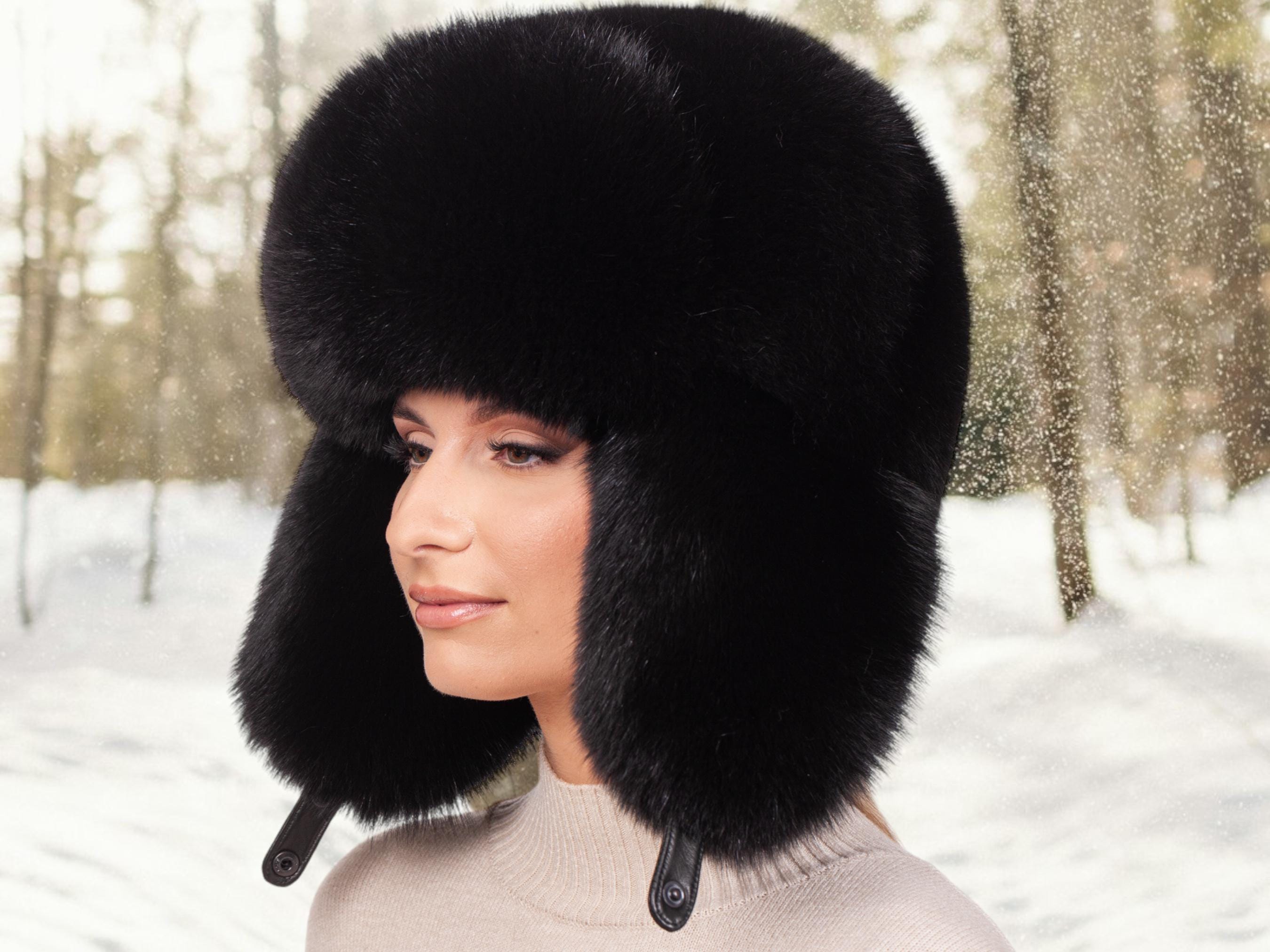 Ushanka Hat 黒 M/L Oversized Black Fox Fur Ushanka Hat, Winter Trapper Hat - Etsy