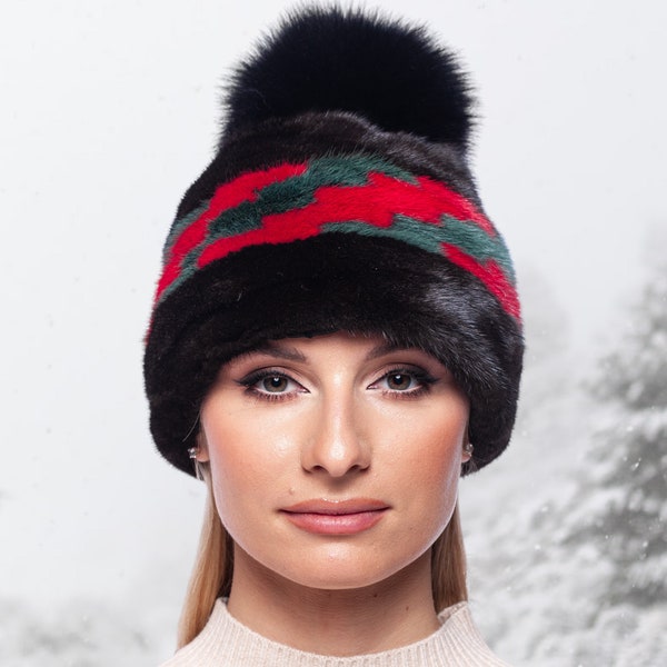 Sombrero de piel de visón marrón oscuro con pompón de piel de zorro, sombrero de esquí peludo cálido estilo alpino patchwork, gorro bobble de invierno acogedor, gorra de lujo al aire libre para ella