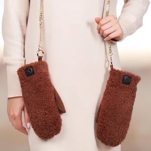 Rusty Brown Shearling Fur Mittens With Detachable Chain,Curly Sheepskin Mittens For Winter,Handmade Teddy Sherpa Mitts,Warm Winter Accessory