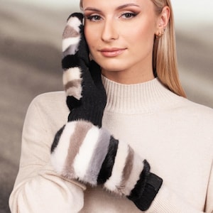 Striped Mink Fur Mittens,Flip Top Wool Knit Mink Fur Gloves For Winter,Soft Black Wool Fingerless Mittens,Women Convertible Gloves With Fur