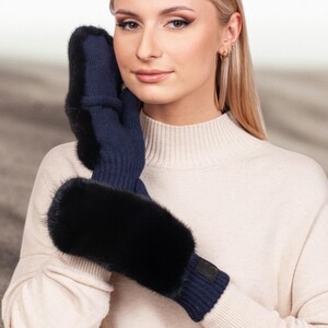 Dark Blue Mink Fur Mittens,Flip Top Wool Knit Mink Fur Gloves For Winter,Navy Blue Wool Fingerless Mittens,Women Convertible Gloves With Fur