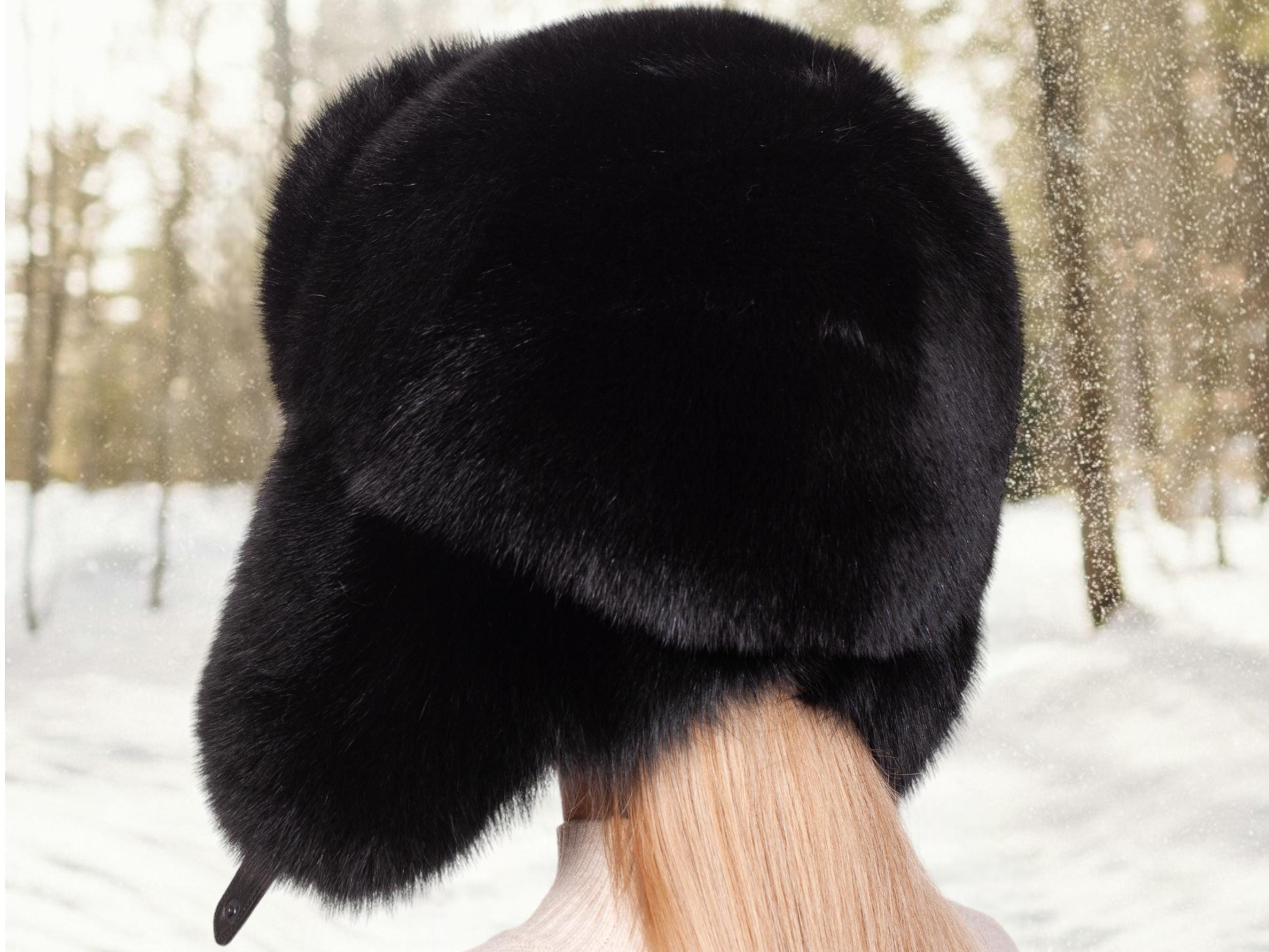 Black Fox Fur Ushanka Hat,oversized Full Fur Trapper Hat for