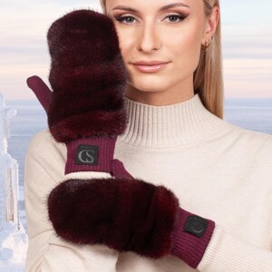 Burgundy Red Mink Fur Mittens,Flip Top Wool Knit Mink Fur Gloves For Winter,Wool Fingerless Mittens,Women Convertible Gloves With Fur