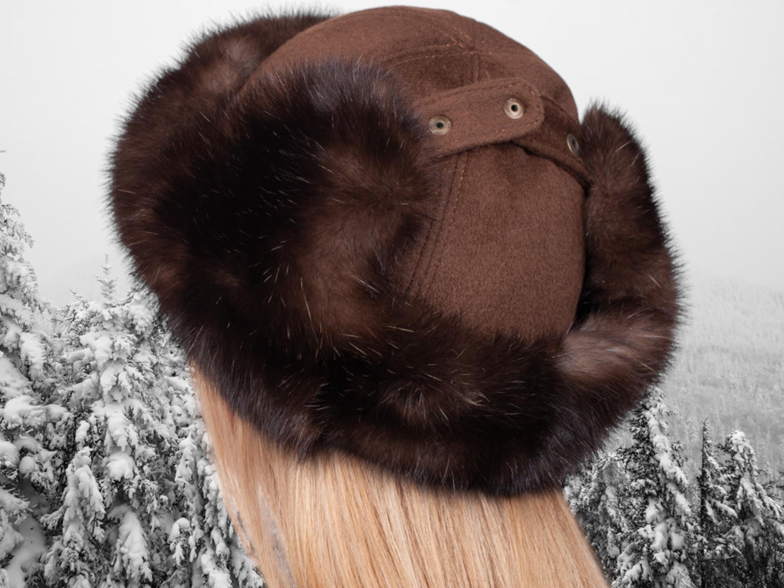 Authentic Russian trooper style sable Ushanka (cap) with two leather ties Unisex Leather And Fox Russian Trooper Hat [Black  main image 4