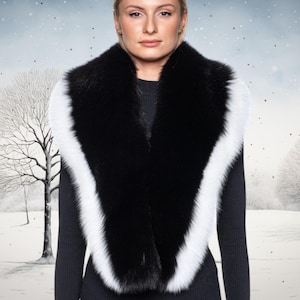 Black And White Fox Fur Stole,Luxurious Real Fox Fur Shoulder Wrap,Elegant And Warm Fur Scarf For Winter,Large Fox Fur Shawl,Gift For Her