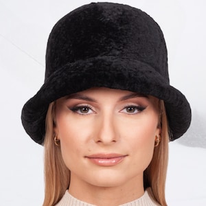 Black Sheepskin Hat With Brim,African Lamb Fur Bucket Hat,Warm Winter Teddy Cap For Women,Full Fur Lambskin Hat,Real Fur Fisherman’s Hat