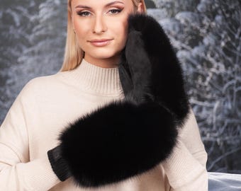 Womens Black Leather Mittens With Fox Fur,Fox Fur Mittens,Warm Winter Mittens With Fur,Plush Fluffy Gloves With Fur And Leather,Gift For Her