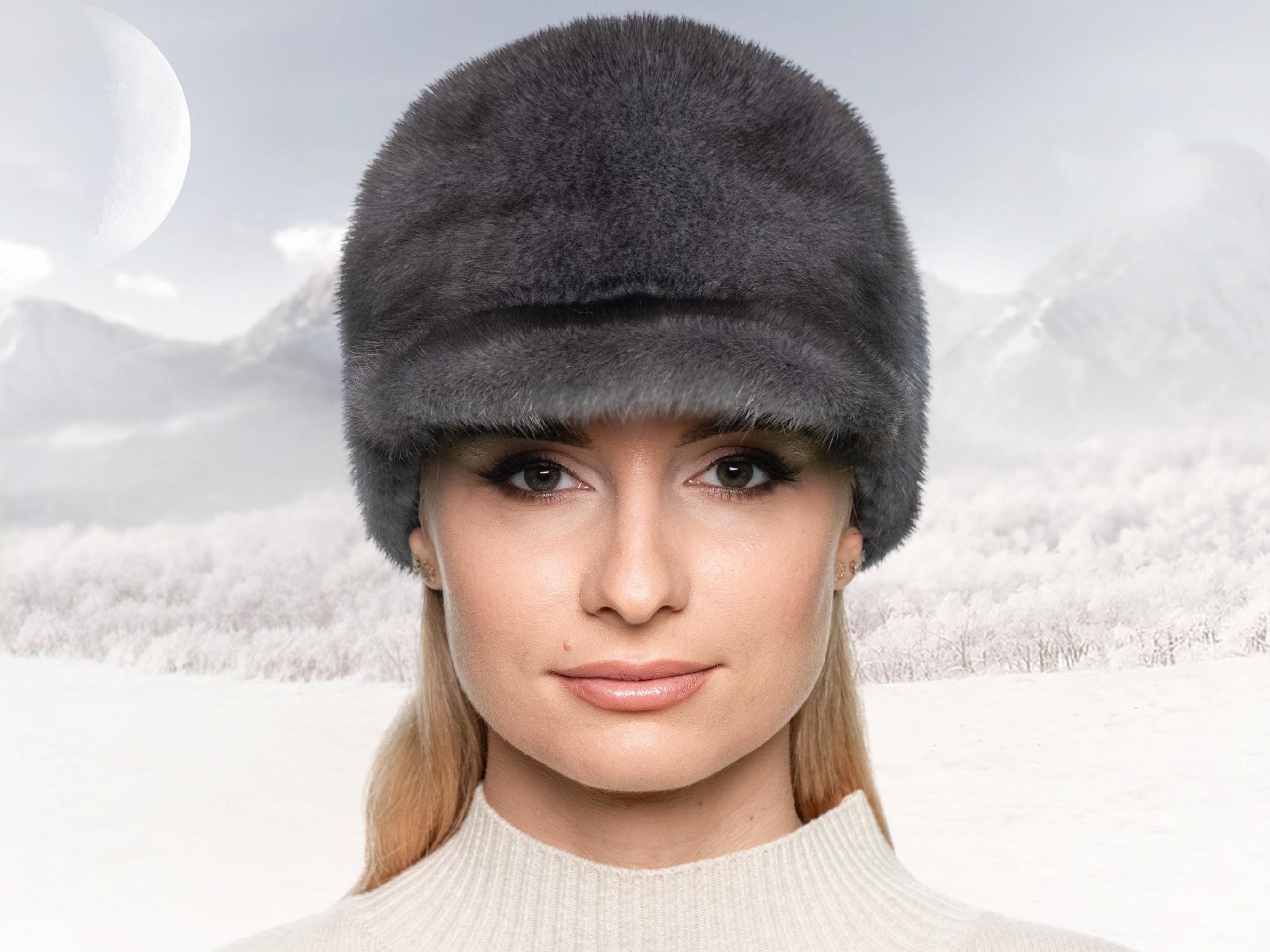 Luxurious Gray Fur Winter Beanie Hat Soft Warm Cozy Ski Cap Knitted Fur Beanie Hat, Women main image 4