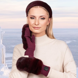 Burgundy Red Mink Fur Headband And Mittens Set,Handmade Winter Fur Accessories Set,Real Mink Fur Mittens With Matching Soft Fluffy Hairband