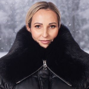 Black Fox Fur Collar Scarf,Luxury Fur Neck Wrap With Zip For Winter Outdoors,Handmade Warm Fluffy And Furry Snood Scarf,Unique Unisex Gift