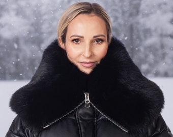 Black Fox Fur Collar Scarf,Luxury Fur Neck Wrap With Zip For Winter Outdoors,Handmade Warm Fluffy And Furry Snood Scarf,Unique Unisex Gift