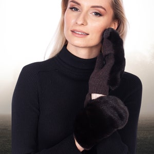 Brown Mittens With Mink Fur,Warm Winter Gloves For Adults,Real Fur Mittens For Outdoors,Fingerless Cashmere Flip Top Gloves,Luxury Gift Idea