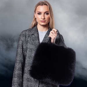Black Fox Fur Shoulder Bag,Handmade Natural Fur Crossbody Bag,Luxurious Top Handle Bag For Stylish City Woman