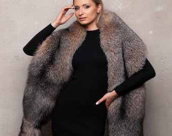 Large Brown Frost Fox Fur Stole,Elegant Real Fox Fur Wrap With Detachable Fur Tails,Luxury Handmade Fluffy Fur Shawl,Long Fox Fur Scarf Boa