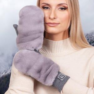 Mink Fur Mittens,Flip Top Wool Knit Mink Fur Gloves For Winter,Grey Wool Fingerless Mittens,Lavender Shade Womens Luxury Ski Gloves With Fur