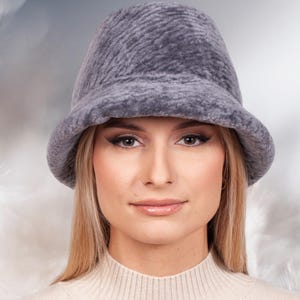 Grey Sheepskin Bucket Hat With Brim,Warm Winter Teddy Cap For Women,Ear Warmer Fluffy Lambskin Fur Hat,Real Astrakhan Fur Fisherman’s Hat