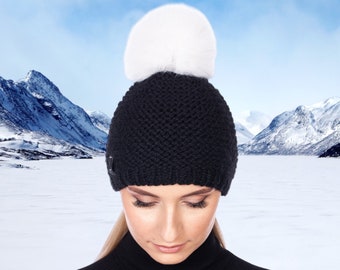 Berretto Invernale In Lana Con Pom Pom Di Pelliccia Di Volpe Nera | Cappello Sci Unisex