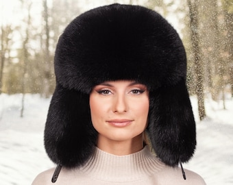 Black Fox Fur Ushanka Hat,Oversized Full Fur Trapper Hat For Winter,Unisex  Warm Earflap Ski Fur Hat With Chin Strap,Large Furry Shapka Cap