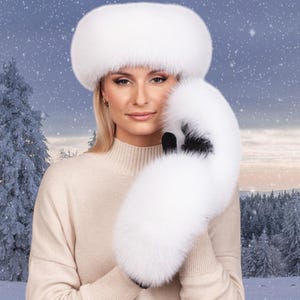 Witte vossenbont wanten en hoofdband set dames,handgemaakte witte vossenbont flip-top wanten,witte vossenbont hoofdband met kasjmier gevoerd,luxe bontset