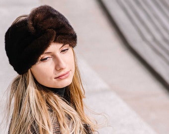 Genuine brown mink fur headband, Handmade stylish natural fur ear warmers,  Brown headband, Women clothes, Luxurious accessories