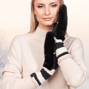 Black Flip Top Mink Fur Mittens With Striped Wool Knit,Warm Convertible Gloves For Women,Mink Fur Gloves With Long Knit Cuffs For Winter