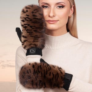 Brown Leopard Print Mink Fur Mittens,Flip Top Wool Knit Mink Fur Gloves For Winter,Wool Fingerless Mittens,Womens Luxury Ski Gloves With Fur