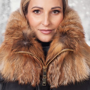 Red Fox Fur Collar Scarf,Luxury Furry Collar With Zip,Fluffy Cowl For Outdoors Or Skiing,Warm Fluffy Snood,Large Fur Neck Wrap For Winter