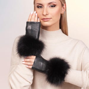 Black Leather Fingerless Gloves With Fox Fur,Nappa Leather Wristlets With Fur Cuffs,Soft Silk Lined Half Finger Gloves For Driving Texting