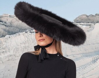 Sombrero Fedora de Lana con Ala Ancha y Ribete de Piel de Zorro Negro, Gorra Fedora Formal Negra para Mujer, Elegante Sombrero de Invierno Hecho a Mano con Ala Ancha y Rígida de Piel