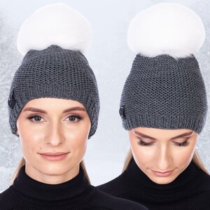 Grey Merino Wool Beanie,real Fox Fur Pom Pom Hat,beanie With  display picture 2