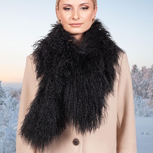 Black Mongolian Lamb Fur Scarf,Luxury Handmade Curly Sheepskin Wrap for Women,Elegant Fluffy Long Black Fur Scarf,Tibetan Lamb Wool Scarf