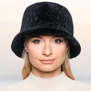 Black Lamb Fur Bucket Hat, Real Sheepskin Cap, Unisex Retro Fisherman Style Hat,Warm Winter Fur Headwear