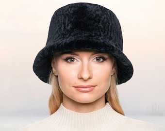 Bob en fourrure d'agneau noire, bonnet en peau de mouton véritable, chapeau unisexe de style pêcheur rétro, chapeaux en fourrure d'hiver chaud