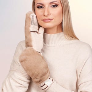Womens Light Brown Mink Fur Flip Top Mittens,Soft Wool Knit Gloves With Mink Fur,Fingerless Mittens For Winter,Warm Texting Driving Mittens