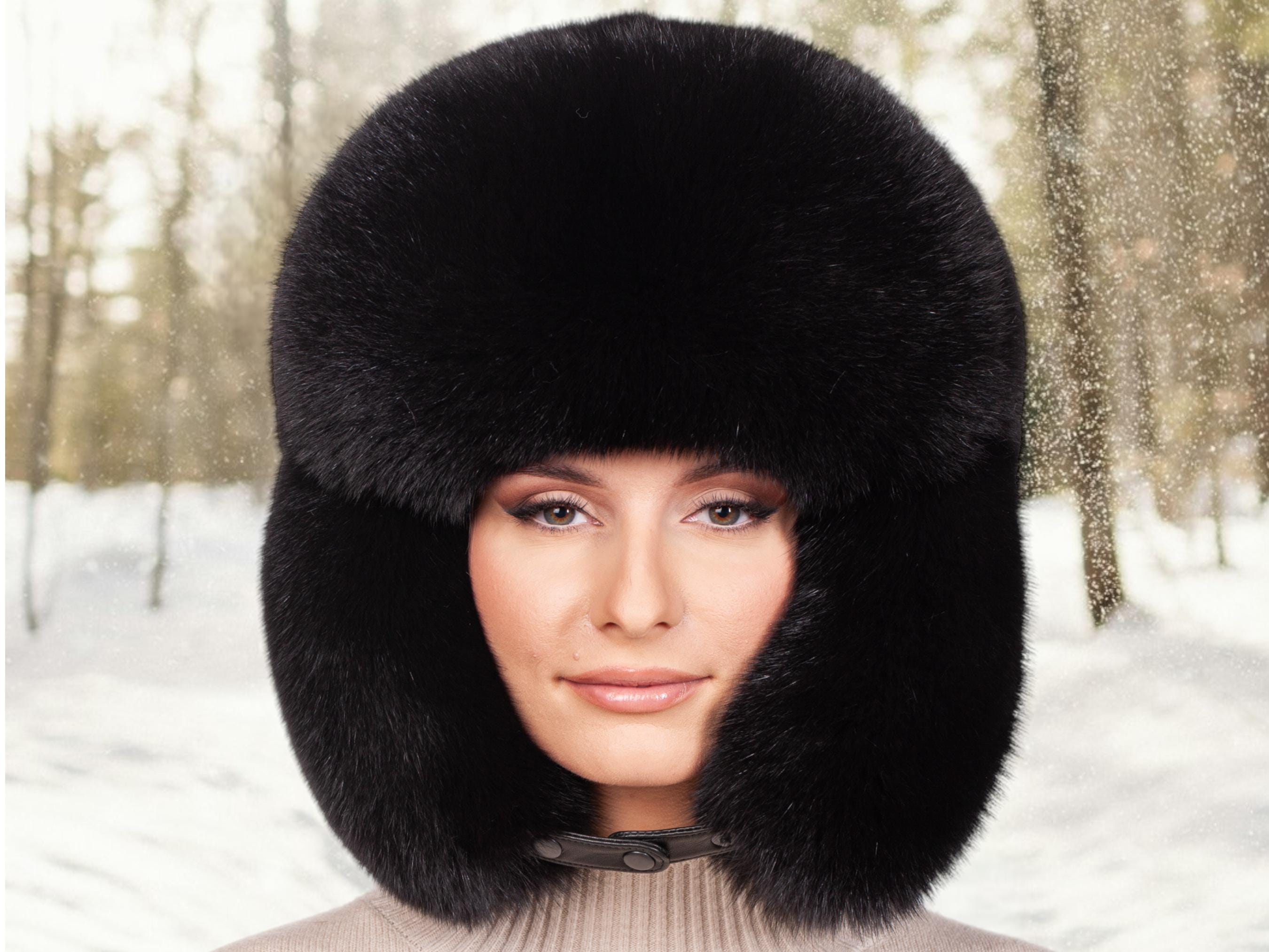 Black Fox Fur Ushanka Hat,oversized Full Fur Trapper Hat for