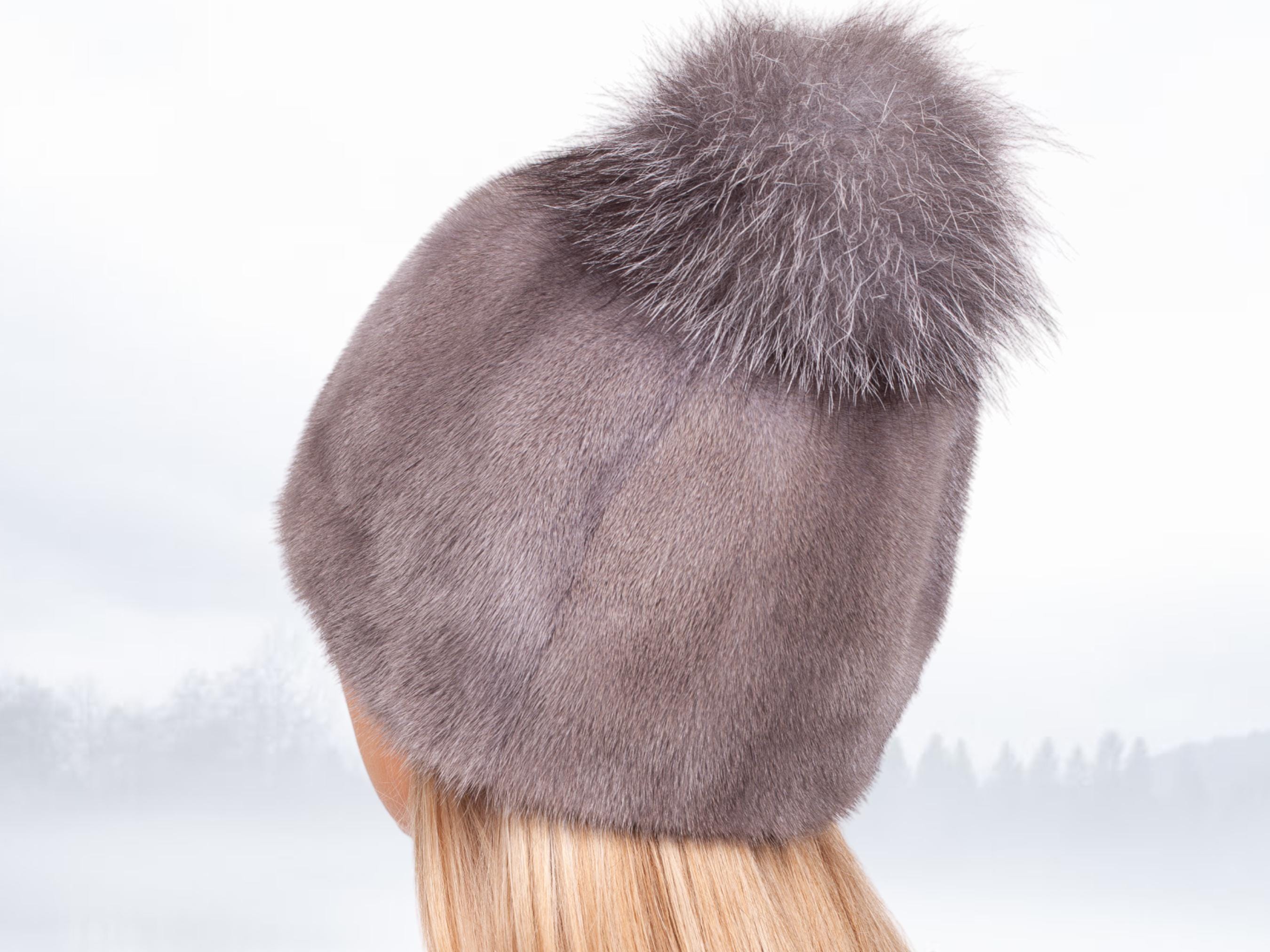 Grey Mink Fur Beanie Hat,warm Winter Hat With Fox Fur Pom 