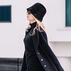 Black Lamb Fur Hat,Elegant Vintage Boucle Bucket Hat For Women,Handmade Astrakhan Fur Winter Cap,Luxury Christmas Gift