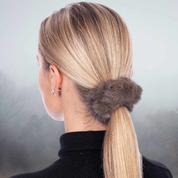 Brown Mink Fur Hair Tie,Plush Fluffy Ponytail Holder,Real Fur Handmade Elastic Hair Accessory,Luxury Christmas Gift