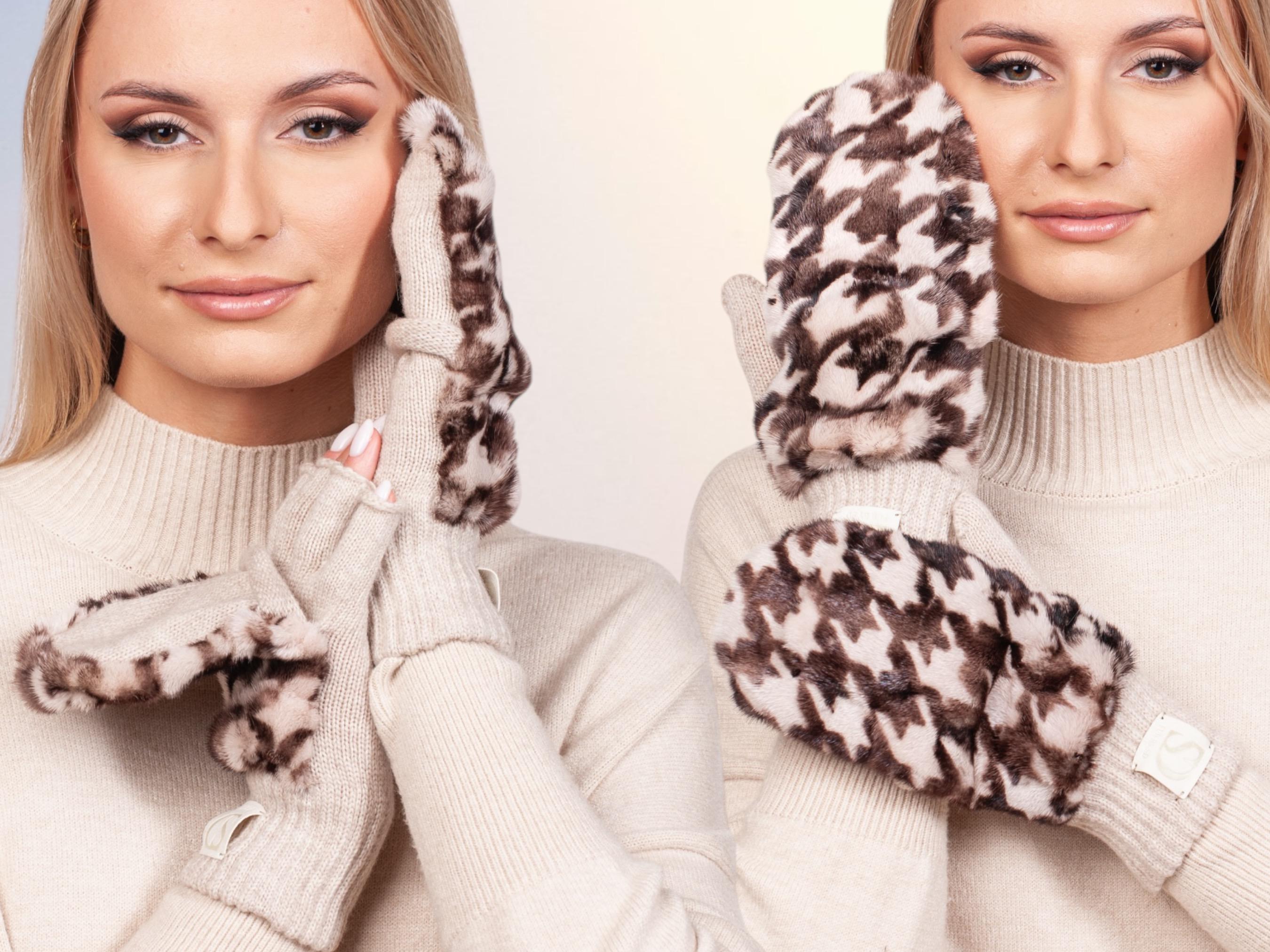 Houndstooth Mink Fur Hat, Mittens and Scarf Set for Women 