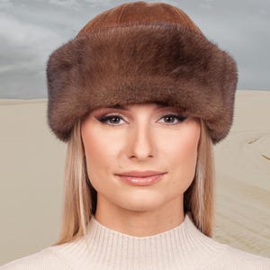 Bruine nertsbont rolhoed,handgemaakte nertsbontmuts,kasjmierwol top rolhoed voor vrouwen,warme winterbontmuts,buiten zachte nertsbont rand hoed