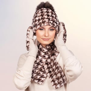 Houndstooth-nertsbontmuts, wanten en sjaal voor dames, warme wanten van merinowol met bontrand, merino-handschoenen zonder vingers, sjaal van nertsbont